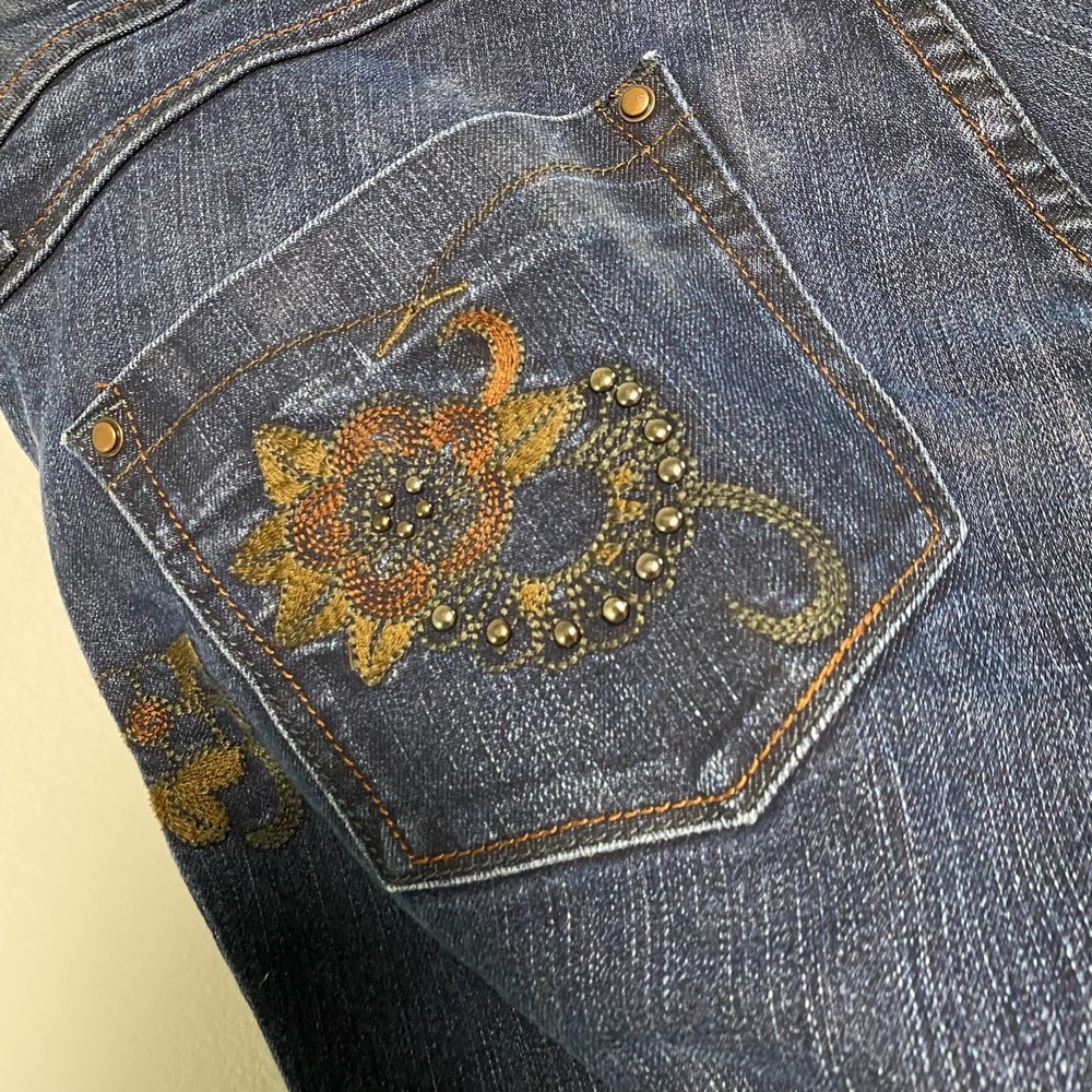 Venezia Womens Dark Wash Floral Embroidered Studded Raw Hem Jeans Plus Size 16 - Picture 6 of 11